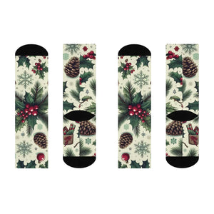 Festive Pine Leaves Cushioned Crew Socks - Christmas Holiday - Dipaliz - White / one Size / 3/4 - All Over Prints