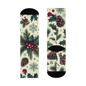 Festive Pine Leaves Cushioned Crew Socks - Christmas Holiday - Dipaliz - White / one Size / 3/4 - All Over Prints