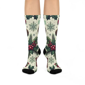 Festive Pine Leaves Cushioned Crew Socks - Christmas Holiday - Dipaliz - White / one Size / 3/4 - All Over Prints