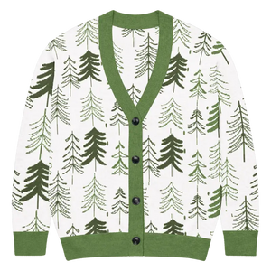 Pine Tree Print Cardigan Green Trim Outdoor Style - Dipaliz - Xs - Cardigans