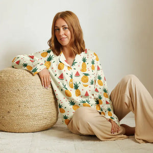 Long Sleeve Pajama Top Silky Pineapple Watermelon Print - Dipaliz - Xs - Clothing Tops