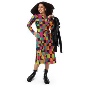 Green Geometric Long Sleeve Midi Dress - Flowy Comfort - Dipaliz - 2xs - Dresses