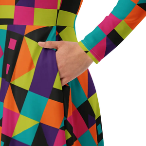 Green Geometric Long Sleeve Midi Dress - Flowy Comfort - Dipaliz - Dresses