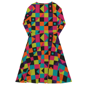 Green Geometric Long Sleeve Midi Dress - Flowy Comfort - Dipaliz - Dresses