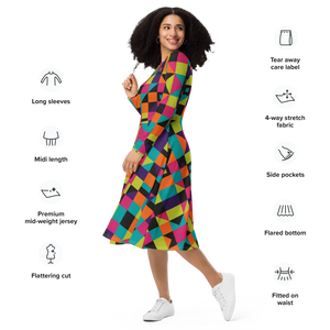 Green Geometric Long Sleeve Midi Dress - Flowy Comfort - Dipaliz - Dresses