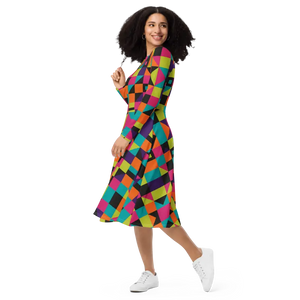 Green Geometric Long Sleeve Midi Dress - Flowy Comfort - Dipaliz - Dresses