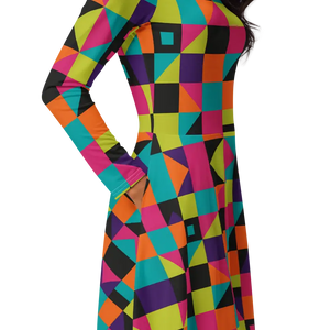 Green Geometric Long Sleeve Midi Dress - Flowy Comfort - Dipaliz - Dresses