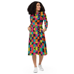 Green Geometric Long Sleeve Midi Dress - Flowy Comfort - Dipaliz - Dresses