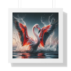 Pink Flamingo Splashing Gallery Canvas - Framed Poster - Dipaliz - 16″ x / White - Prints
