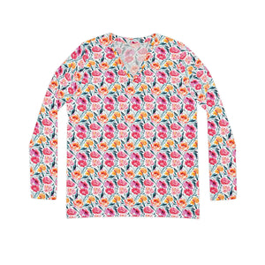 Pink Floral Pattern Women’s Long Sleeve V-neck Shirt (aop) - T-shirts