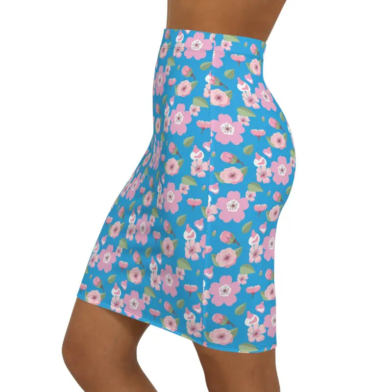 Floral Mini Skirt for Women: Bold Pink Blooms on Blue - Skirts