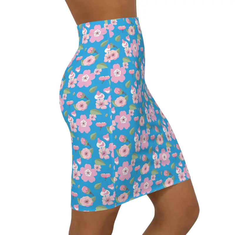 Floral Mini Skirt for Women: Bold Pink Blooms on Blue - Skirts