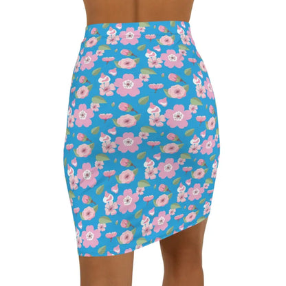 Floral Mini Skirt for Women: Bold Pink Blooms on Blue - Skirts