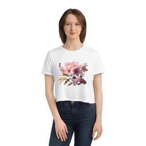 T-shirt - Pink Flowers Flowy Cropped Tee - Stylish Comfort - Dipaliz
