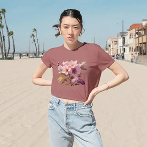 T-shirt - Pink Flowers Flowy Cropped Tee - Stylish Comfort - Dipaliz