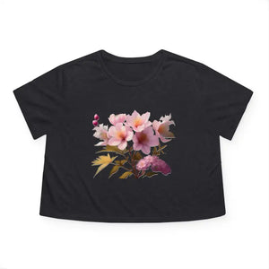 T-shirt - Pink Flowers Flowy Cropped Tee - Stylish Comfort - Dipaliz Dark Grey Heather / s