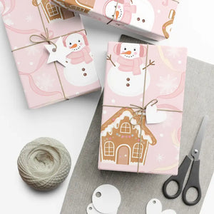 Home Decor - Pink Gingerbread Holiday Gift Wrap Whimsical Snowman - Dipaliz