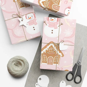 Home Decor - Pink Gingerbread Holiday Gift Wrap Whimsical Snowman - Dipaliz