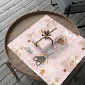 Home Decor - Pink Gingerbread Holiday Gift Wrap Whimsical Snowman - Dipaliz