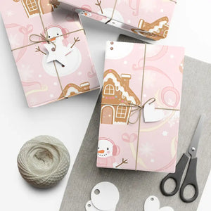 Home Decor - Pink Gingerbread Holiday Gift Wrap Whimsical Snowman - Dipaliz