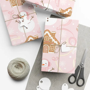 Home Decor - Pink Gingerbread Holiday Gift Wrap Whimsical Snowman - Dipaliz