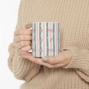 Green Bow Stripe Ceramic Mug - Vintage Floral Pattern - Dipaliz - 11oz - Mugs