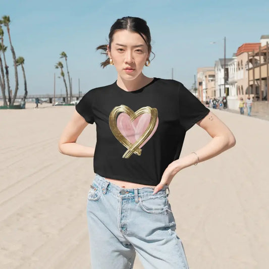 Chic Pink Heart Flowy Cropped Tee with Gold Lining - Black / s T-shirt