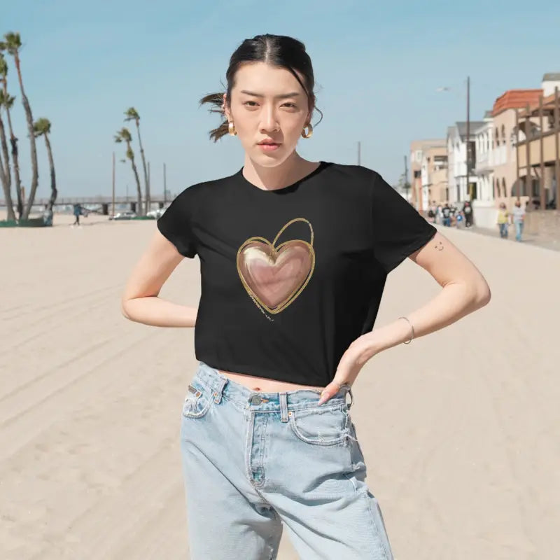 Chic Flowy Cropped Tee with Pink Heart & Gold Lining - Black / s T-shirt