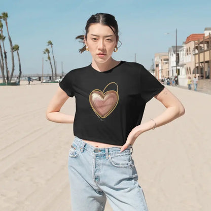 Chic Flowy Cropped Tee with Pink Heart & Gold Lining - Black / s T-shirt