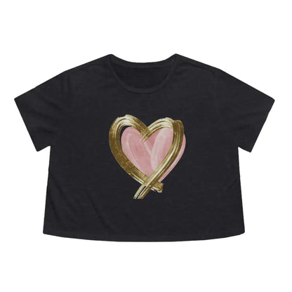 Chic Pink Heart Flowy Cropped Tee with Gold Lining - Dark Grey Heather / s T-shirt