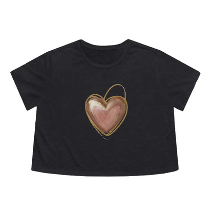 Chic Flowy Cropped Tee with Pink Heart & Gold Lining - Dark Grey Heather / s T-shirt