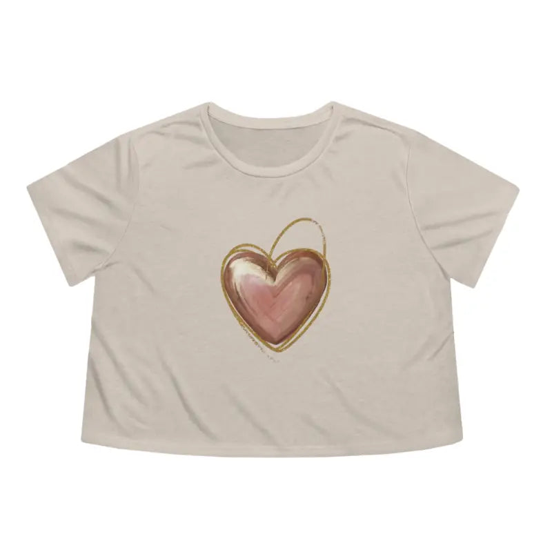 Chic Flowy Cropped Tee with Pink Heart & Gold Lining - Heather Dust / s T-shirt