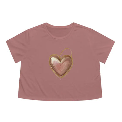 Chic Flowy Cropped Tee with Pink Heart & Gold Lining - Mauve / s T-shirt