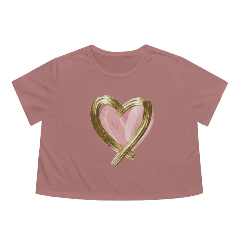 Chic Pink Heart Flowy Cropped Tee with Gold Lining - Mauve / s T-shirt