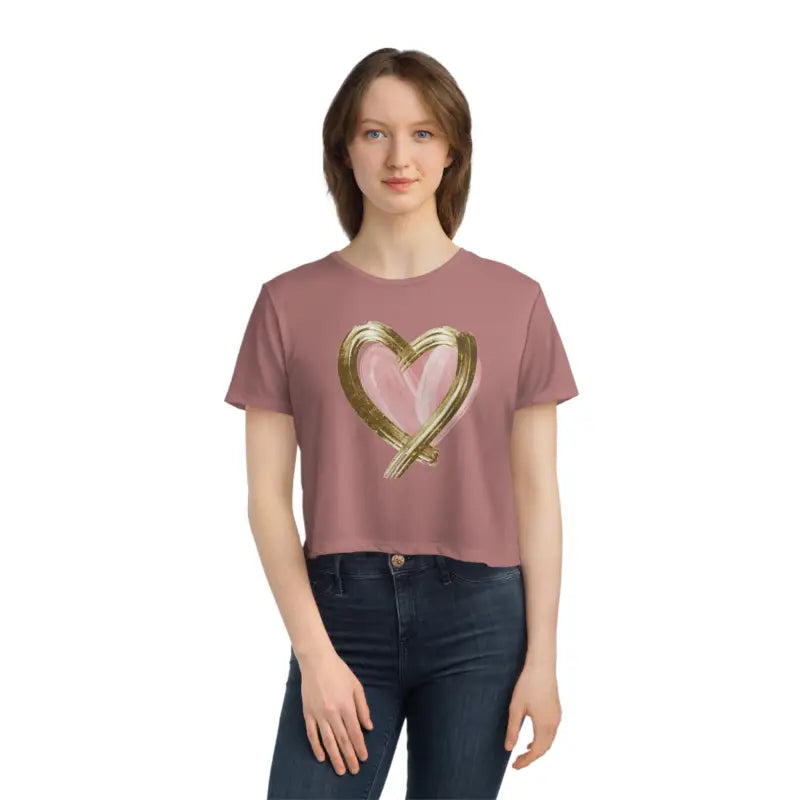 Chic Pink Heart Flowy Cropped Tee with Gold Lining - T-shirt