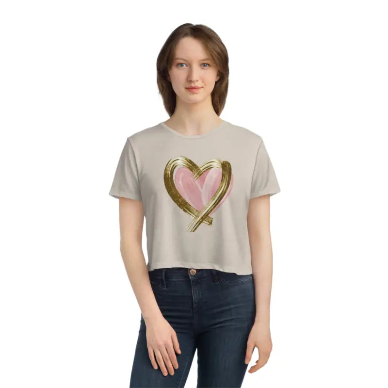 Chic Pink Heart Flowy Cropped Tee with Gold Lining - T-shirt