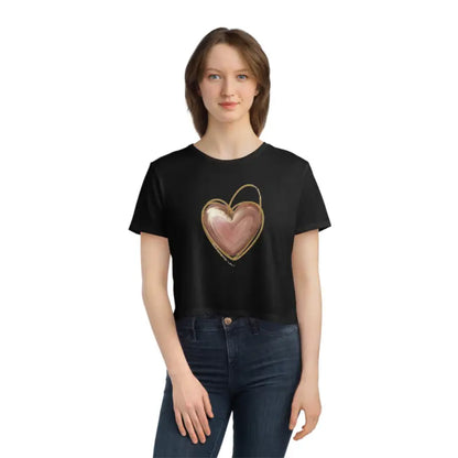 Chic Flowy Cropped Tee with Pink Heart & Gold Lining - T-shirt