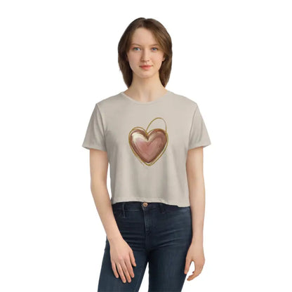 Chic Flowy Cropped Tee with Pink Heart & Gold Lining - T-shirt