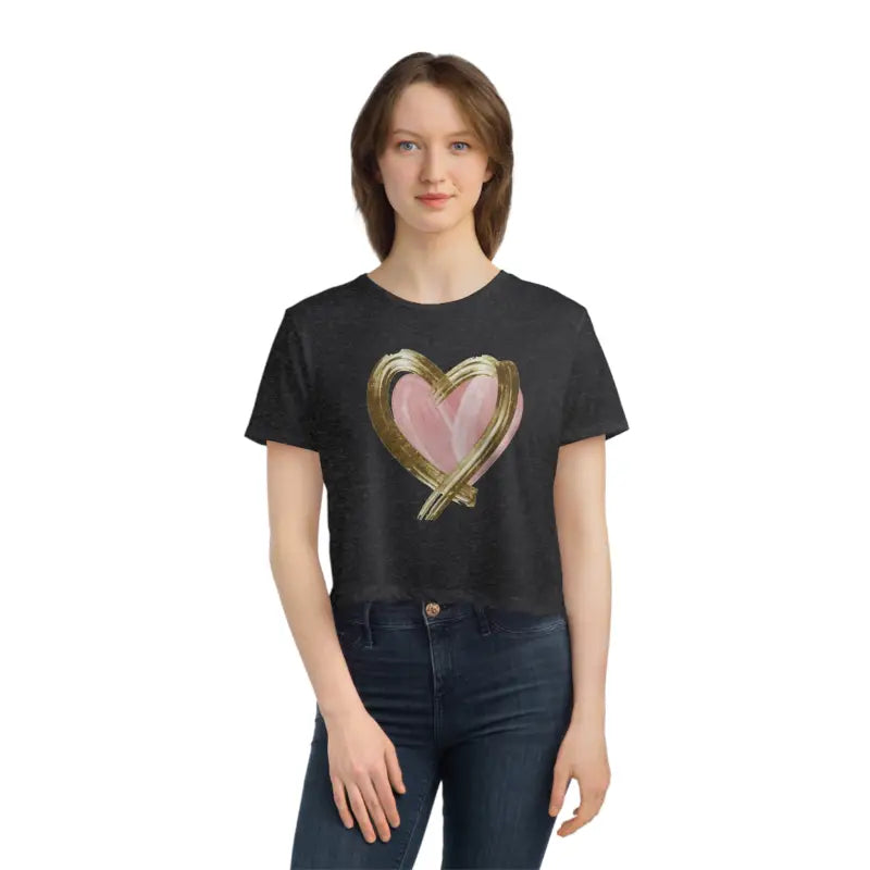 Chic Pink Heart Flowy Cropped Tee with Gold Lining - T-shirt