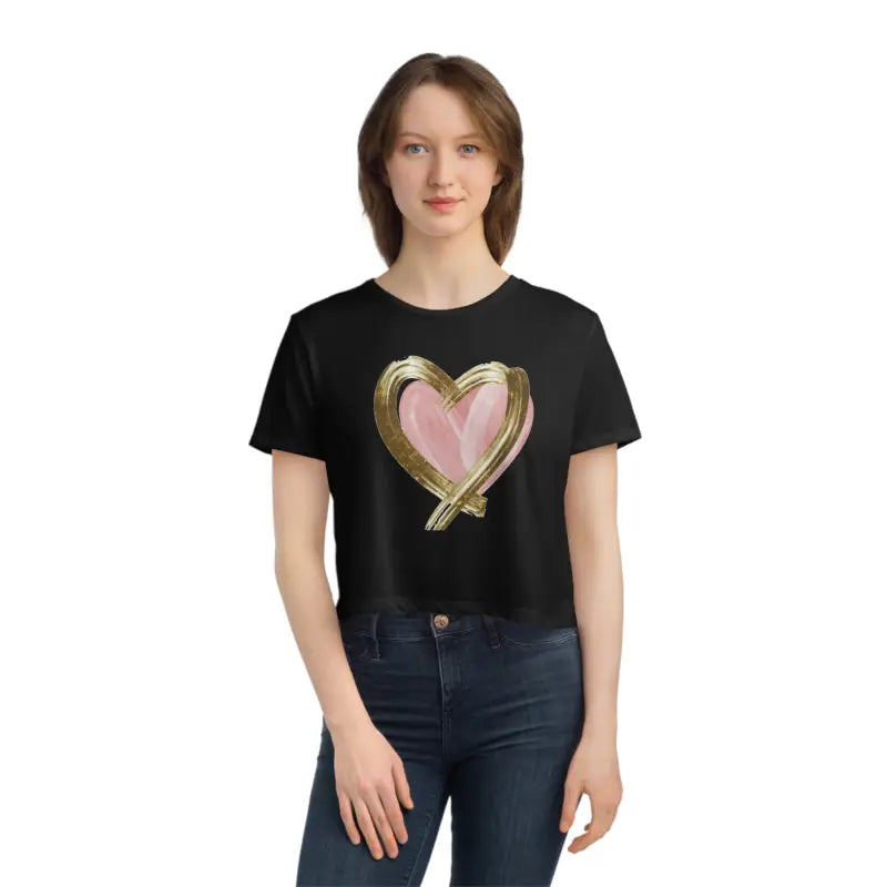 Chic Pink Heart Flowy Cropped Tee with Gold Lining - T-shirt