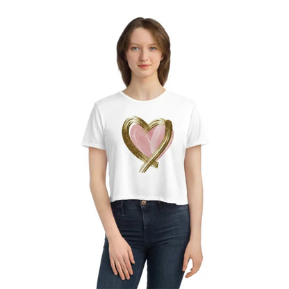 Chic Pink Heart Flowy Cropped Tee with Gold Lining - T-shirt