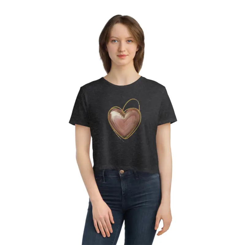 Chic Flowy Cropped Tee with Pink Heart & Gold Lining - T-shirt