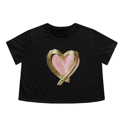 Chic Pink Heart Flowy Cropped Tee with Gold Lining - T-shirt