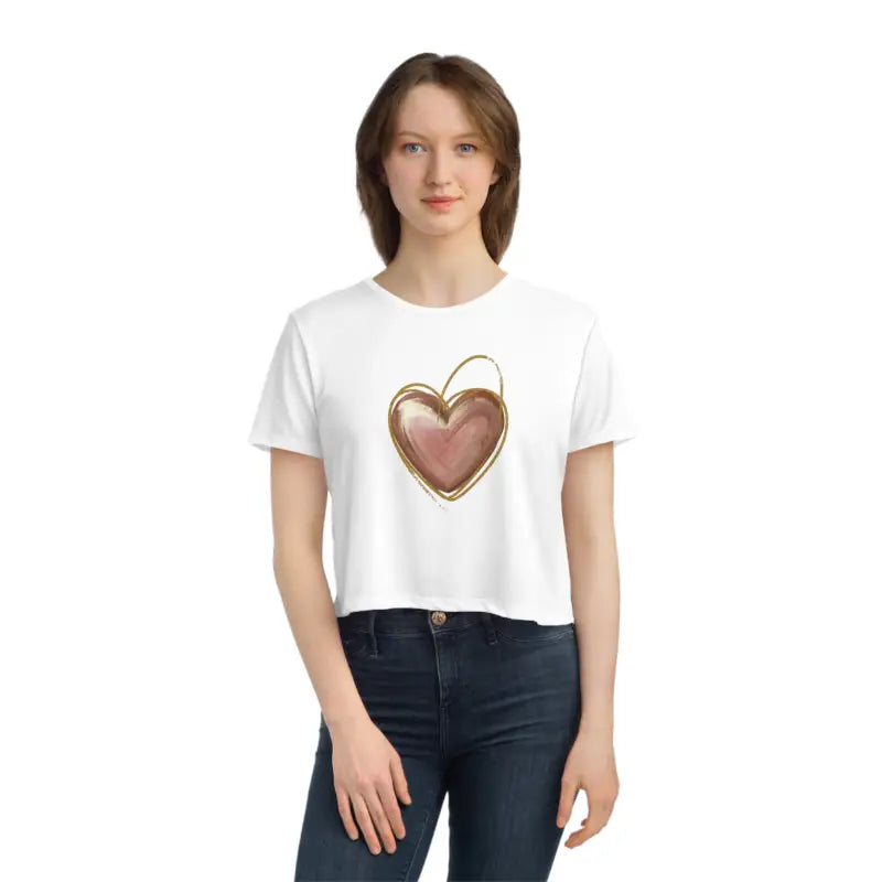 Chic Flowy Cropped Tee with Pink Heart & Gold Lining - T-shirt