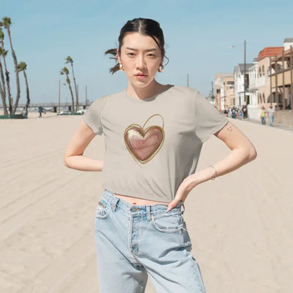 Chic Flowy Cropped Tee with Pink Heart & Gold Lining - T-shirt