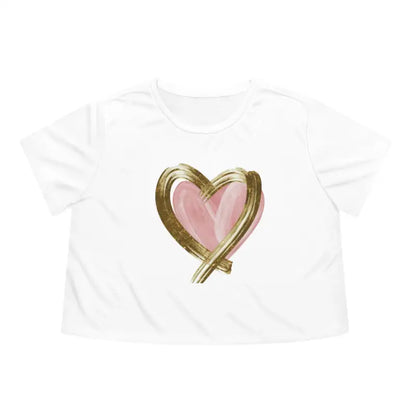 Chic Pink Heart Flowy Cropped Tee with Gold Lining - White / s T-shirt