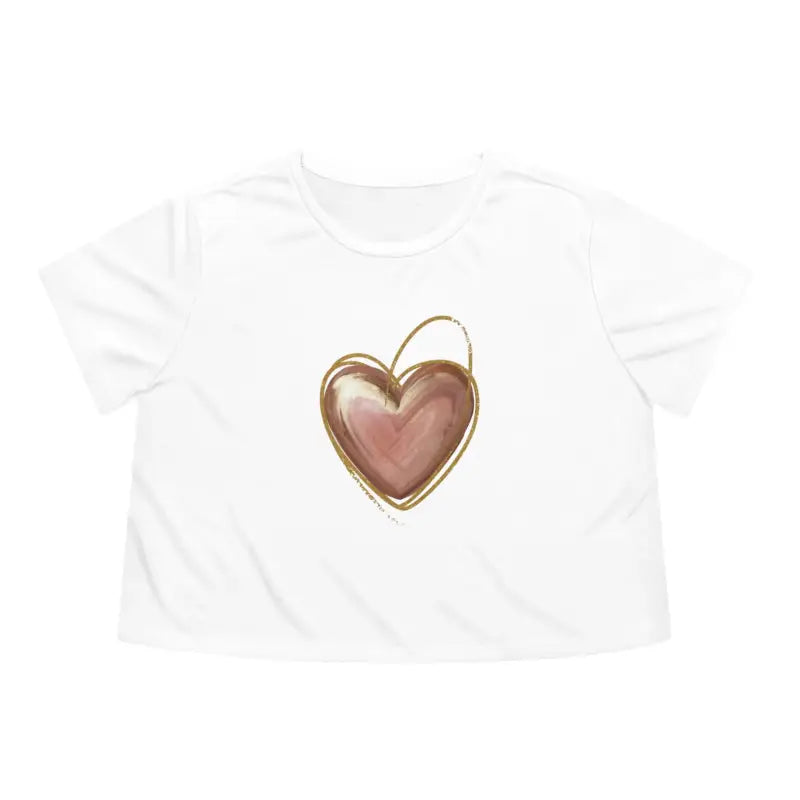 Chic Flowy Cropped Tee with Pink Heart & Gold Lining - White / s T-shirt