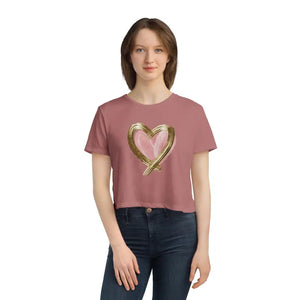 Flowy Cropped Tee Pink Heart Gold Lining - Dipaliz - Mauve / s - T-shirts