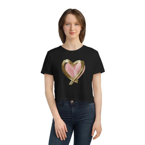 Flowy Cropped Tee Pink Heart Gold Lining - Dipaliz - Black / s - T-shirts