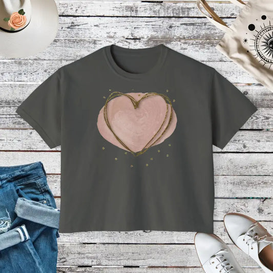 Chic Women’s Boxy Tee with Pink Heart Style - Pepper / s T-shirt